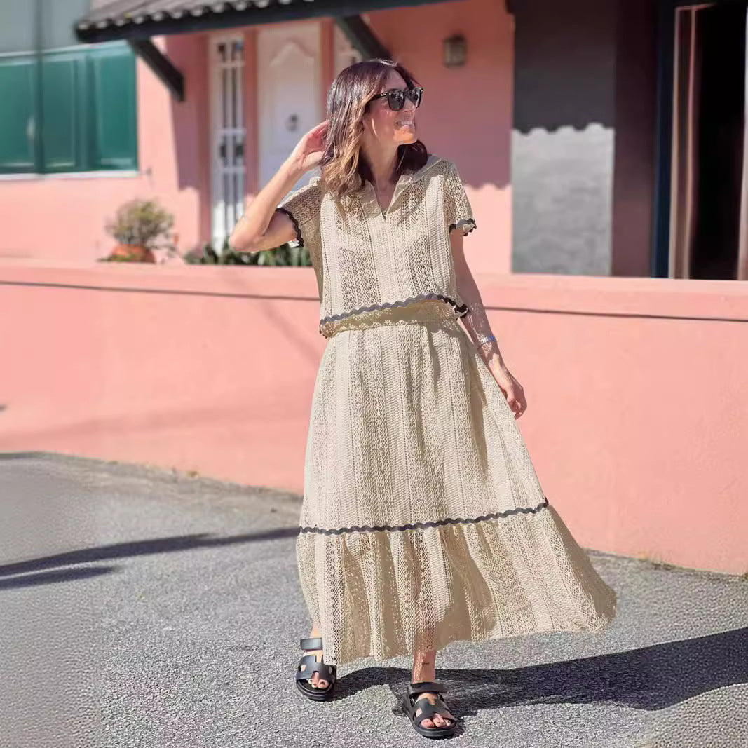 Women's Skirt Set – Cotton Blend – Relaxed Fit – Short Sleeves – A-line Maxi Skirt