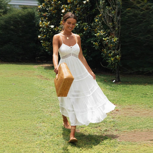 Women's Dress – Light Cotton Blend – Flowy Fit – Spaghetti Straps – Lace – Midi