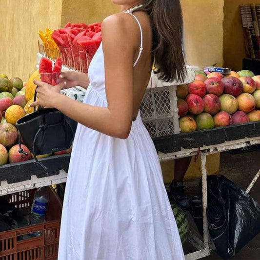 Women's Maxi Dress – Lightweight Cotton – V-Neck – Spaghetti Straps – Open Back