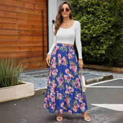 Women's Maxi Skirt – Flowy Fit – Elastic Waist – Ruched Hem – Floral Pattern