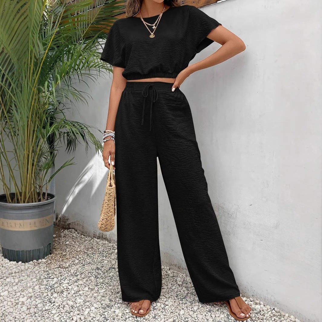 Women's Set – Casual Crop Top with Batwing Sleeves – Wide Trousers with Drawstring