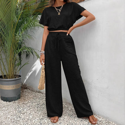 Women's Set – Casual Crop Top with Batwing Sleeves – Wide Trousers with Drawstring