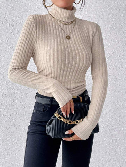 Women's Turtleneck Sweatshirt – Slim Fit – Ribbed Knit – Long Sleeves-Soft Wool Feel