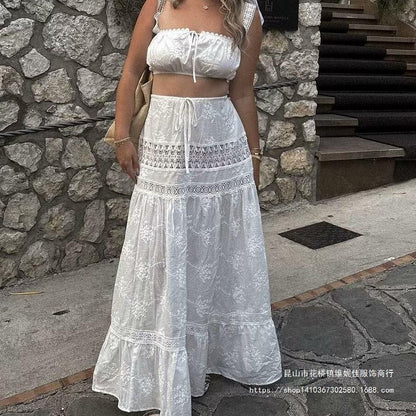 Women's Two-piece Set – Off Shoulder Crop Top – High Waist Layered Maxi Skirt