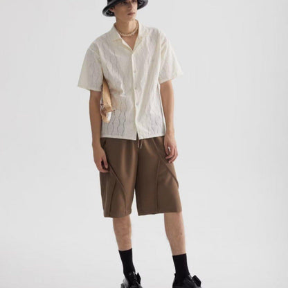 Men's Shirt with Short Sleeves – Oversized Fit – Cotton Blend with Lace – Cuban Collar