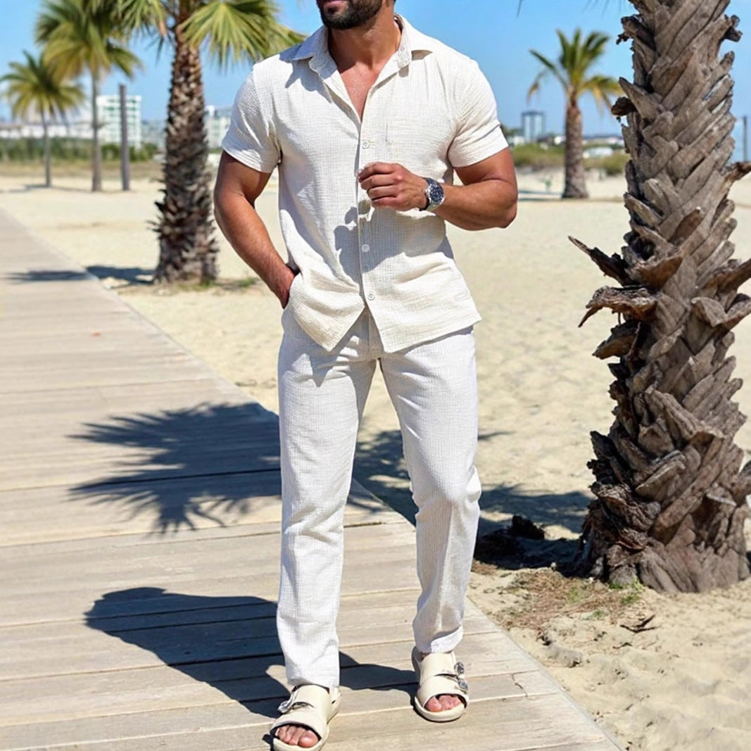 Men's Set with Shirt and Trousers – Cotton/Linen – Regular Fit – Short Sleeves – Drawstring Closure