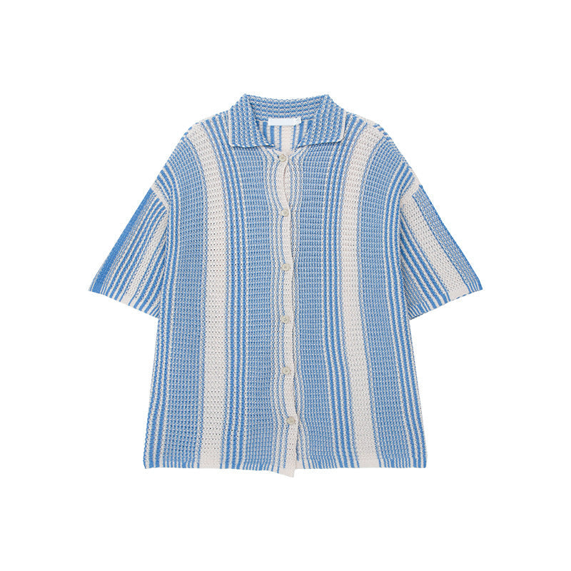 Men's Shirt – Knit Material – Loose Fit – Button Closure – Short Sleeve – Striped