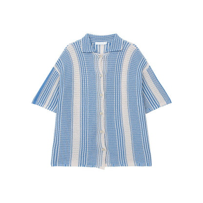 Men's Shirt – Knit Material – Loose Fit – Button Closure – Short Sleeve – Striped