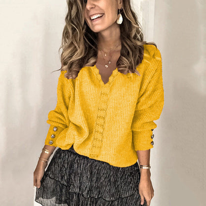 Women's Knit Sweater – Relaxed Fit – Ribbed Texture – V-Neck – Button Details