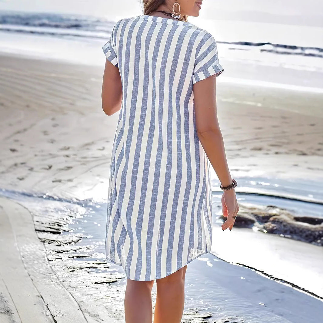 Dress for Women – Shirt Dress – Relaxed Fit – Breathable Blend – Button Closure – V-Neck – Knee Length – Striped Design