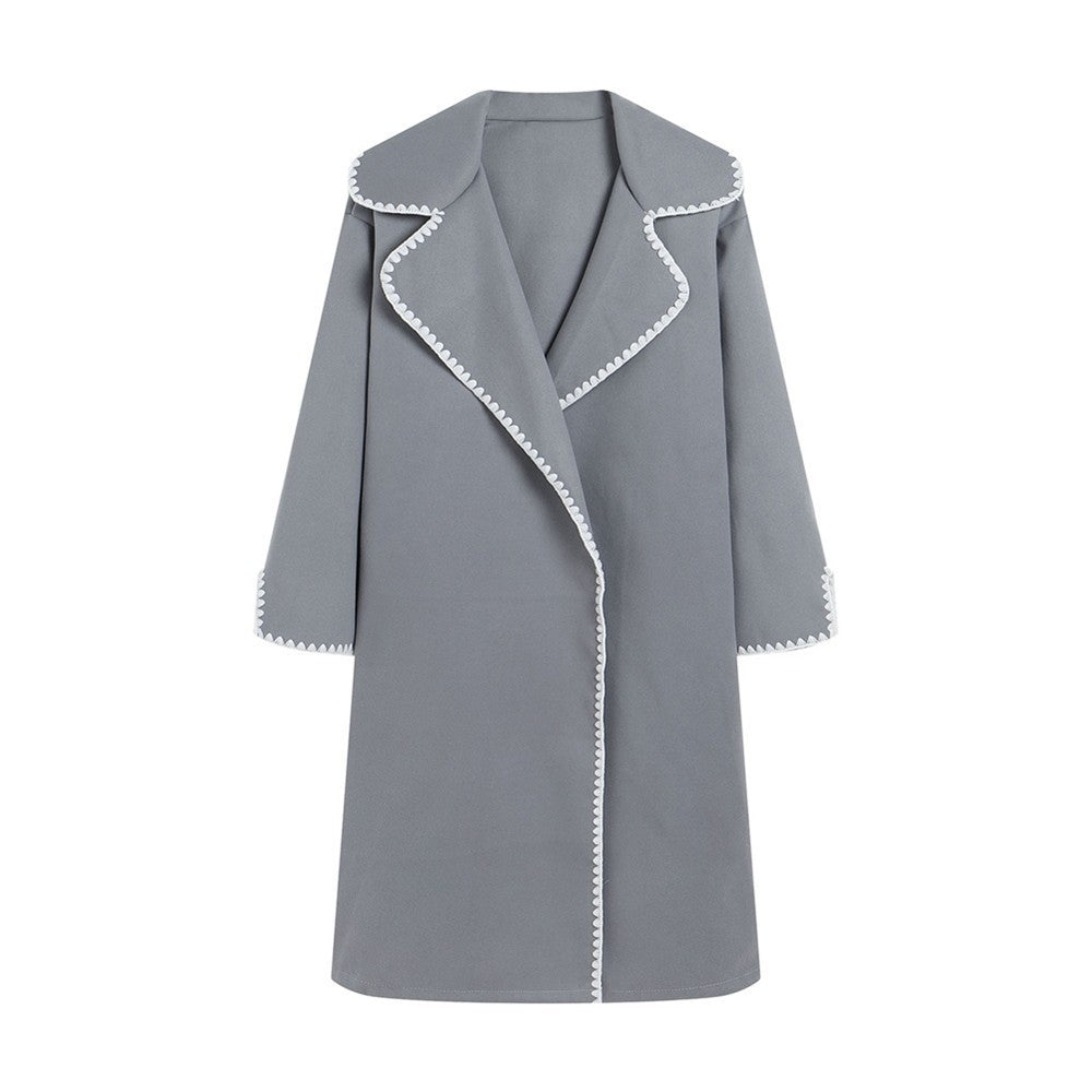 Women's Windbreaker – Wool Texture – Oversized Fit – Open Front – Embroidered Lapel