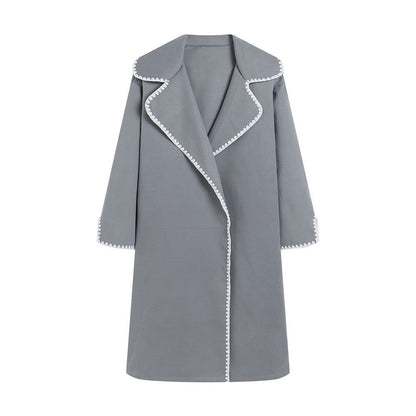 Women's Windbreaker – Wool Texture – Oversized Fit – Open Front – Embroidered Lapel