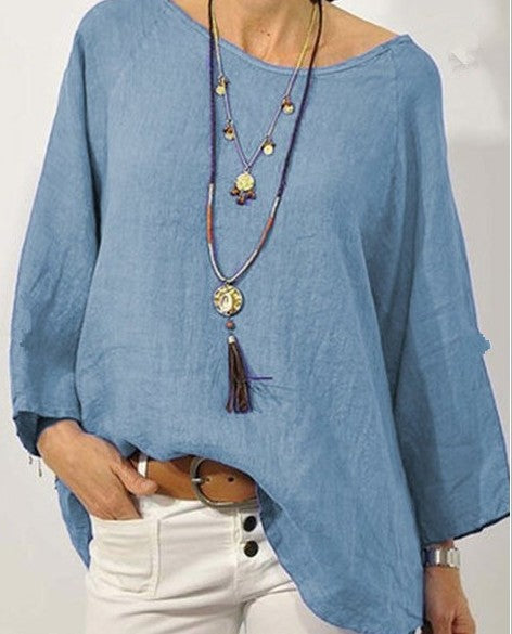 Women's Top in Casual Style – Cotton Blend – Loose Fit – 3/4 Sleeves – Round Neck