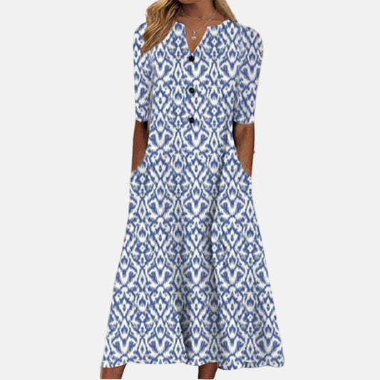 Women's Dress - Floral Print Midi - Half Sleeve - Button Front