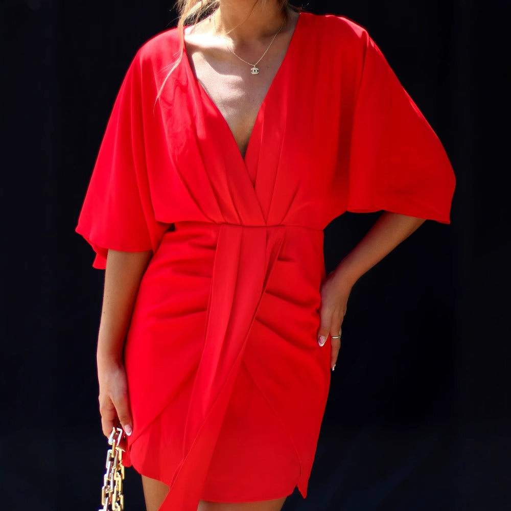 Women's Skater Dress – V-Neck – Draped Waist – Loose Fit – Short Length