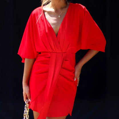 Women's Skater Dress – V-Neck – Draped Waist – Loose Fit – Short Length