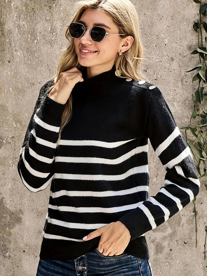Women's Striped Knit Sweater - Mock Neck - Shoulder Button Accent - Long Sleeve Casual Fit