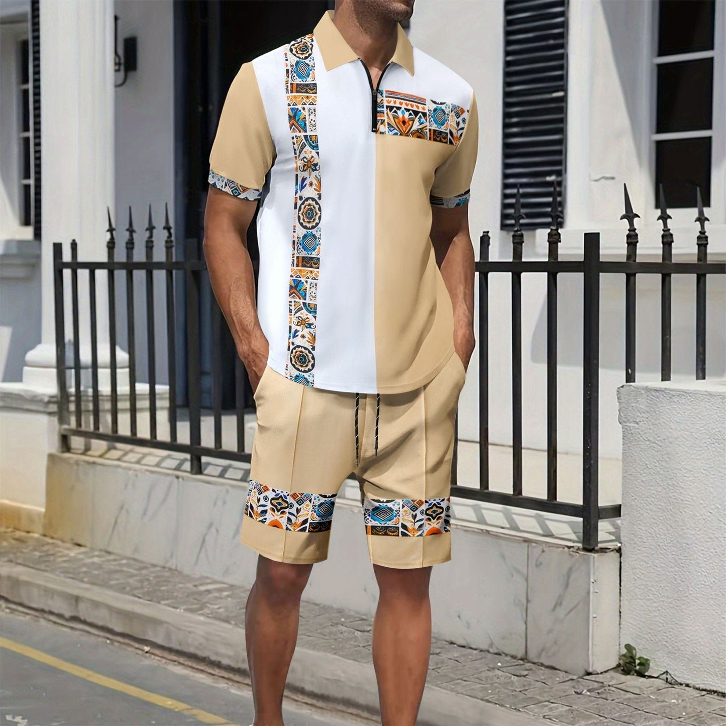 Men's Set with Short-Sleeved Shirt and Shorts – Regular Fit – Breathable Cotton – Patterned Detail