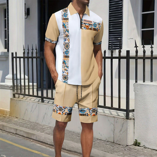 Men's Set with Short-Sleeved Shirt and Shorts – Regular Fit – Breathable Cotton – Patterned Detail