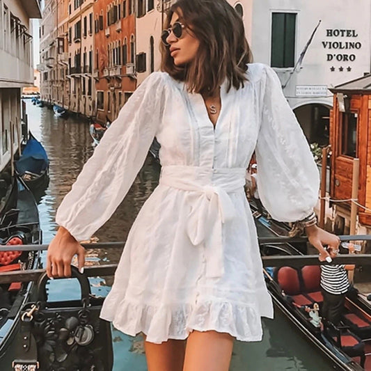 Dress for Women – Mini Cut – Tie at the Waist – Long Balloon Sleeves – Light and Breathable