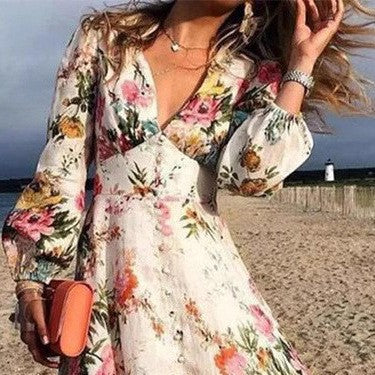 Maxi Dress for Women – A-Line Fit – Deep V-Neck – Long Sleeves – Breathable Material