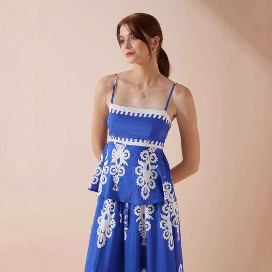 Women's Set with Top and Skirt – Sleeveless – Peplum Fit – Ethnic Pattern – Cotton