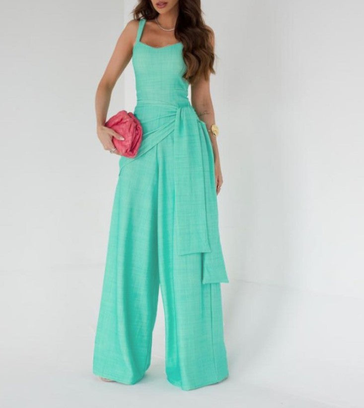 Women's Jumpsuit – Tailored Top – Wide Leg – Sleeveless – Adjustable Waist – Natural Look