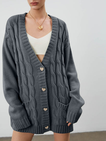 Women's Cardigan – Oversized Fit – Chunky Cable Knit – Heart Buttons – Pockets
