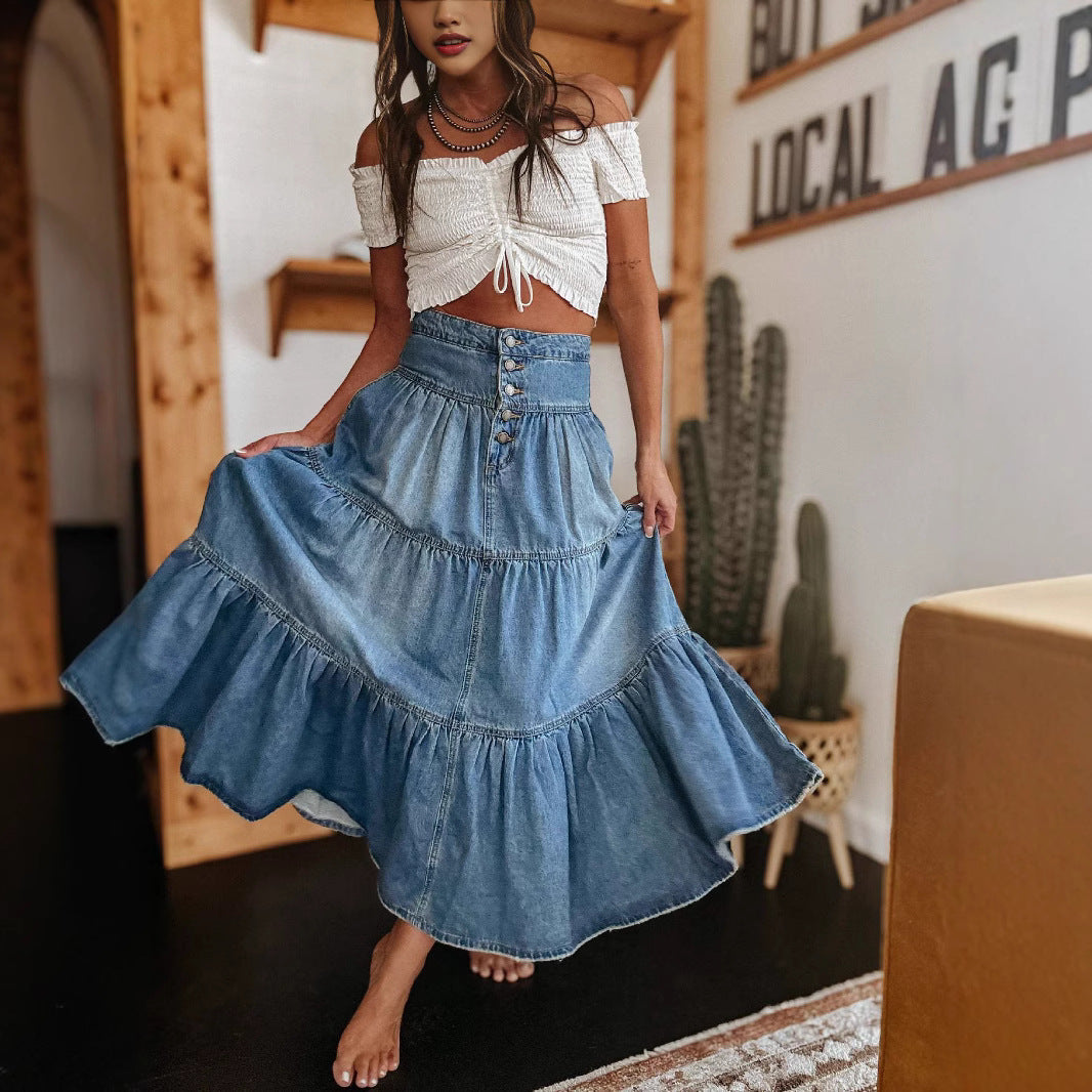 Dame Nederdel – A-Line Pasform – Denim – Knappelukning – Bohemisk Etage-Design