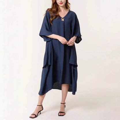 Women's Tunic Dress – Relaxed Fit – V-neck – Asymmetric Maxi – Breathable Material