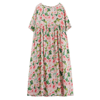 Dame Maxikjole – Blomstermønster – Løs Pasform – V-udskæring – 3/4 Ærmer