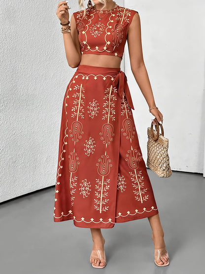Women's Two-piece Set – Sleeveless Crop Top with Embroidery – Midi Wrap Skirt in Lightweight Material