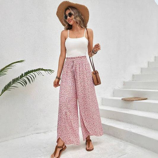 Women's Skirt Pants – Relaxed Fit – Floral Print – Side Slits – Breathable Quality