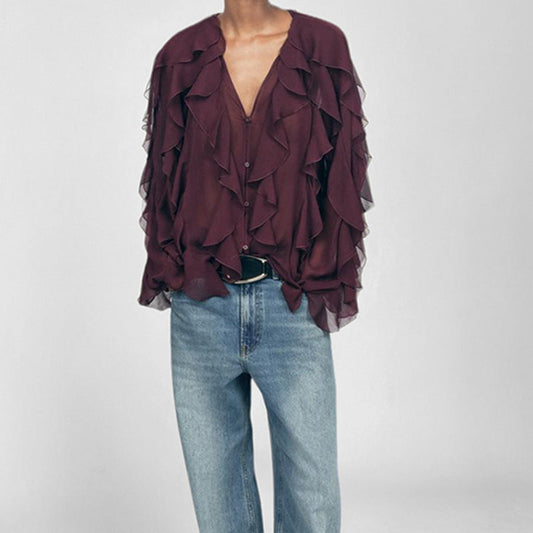 Women's Blouse – V-Neck – Loose Fit – Long Sleeves – Light Chiffon – Ruffle Details