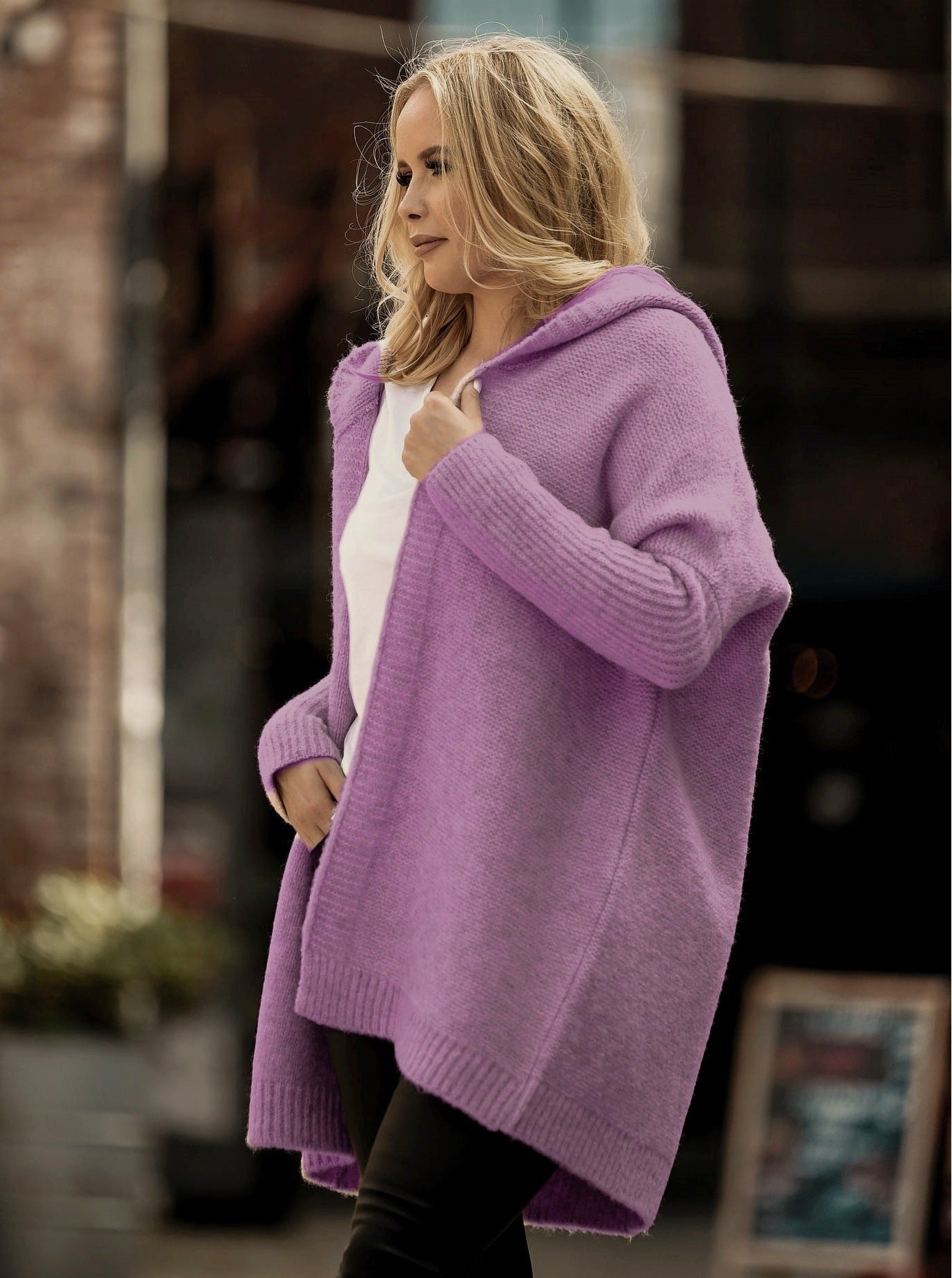 Women's Cardigan – Oversized Fit – Hood – Wide Sleeves – Open Front – Knitted