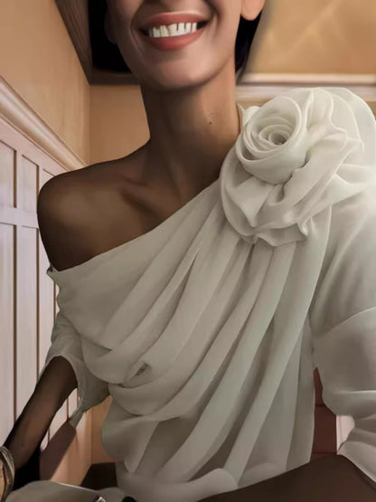 Women's Blouse - Asymmetric One-Shoulder - Elegant Draped Design - Floral Detail