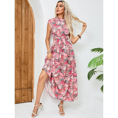 Dress for Women – Sleeveless – Slim Fit – Open Back – Floral – Belt at Waist