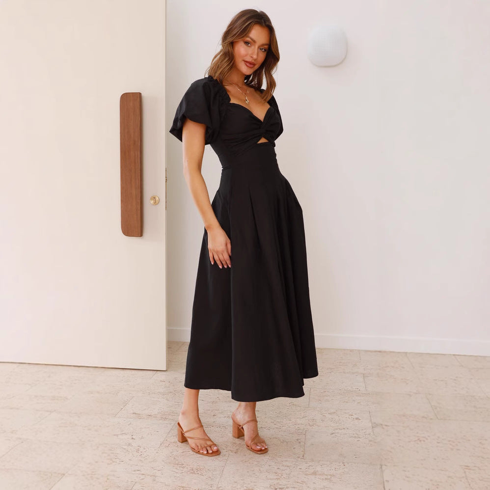 Women's Long Dress – Fit and Flare – Puff Sleeves – V-Neck – Light and Breathable