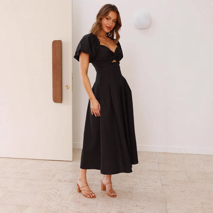 Women's Long Dress – Fit and Flare – Puff Sleeves – V-Neck – Light and Breathable