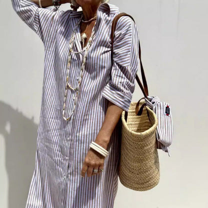 Women's Shirt Dress – Relaxed Fit – Striped – Button Closure – Elbow-Length Sleeves