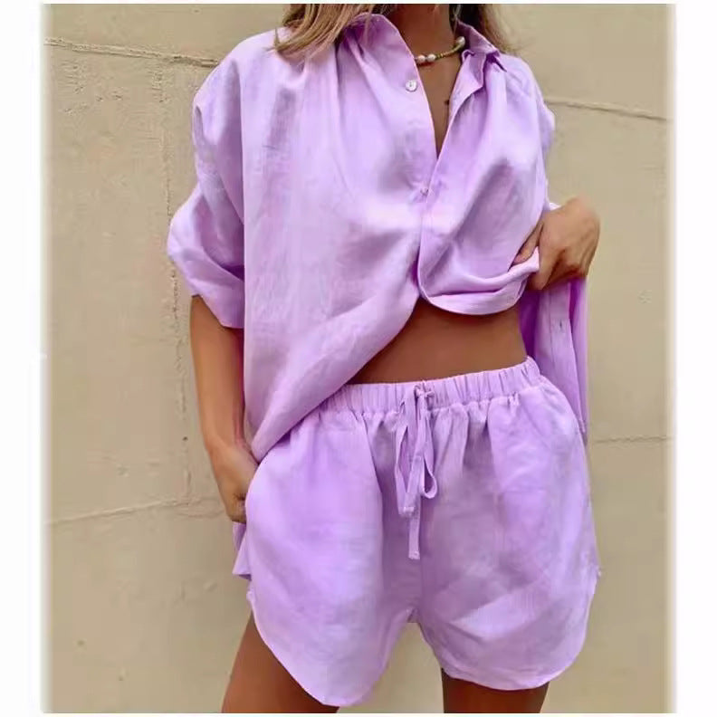 Women's Set with Shirt and Shorts – Oversized Fit – Natural Fibers – Casual Style