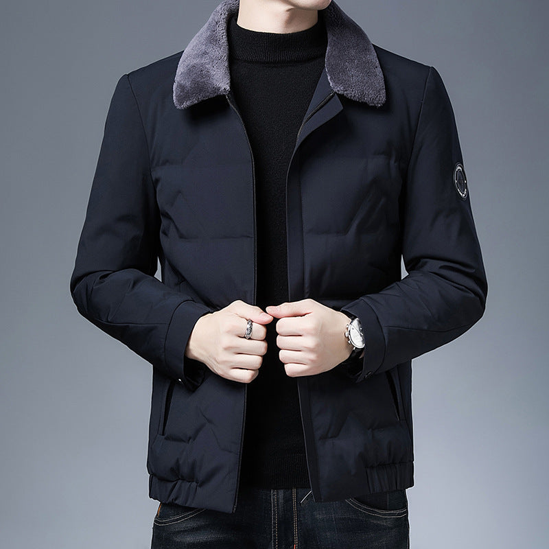 Men's Puffer Jacket – Slim Fit – Short Length – Detachable Fur Collar – Warm and Water-Repellent
