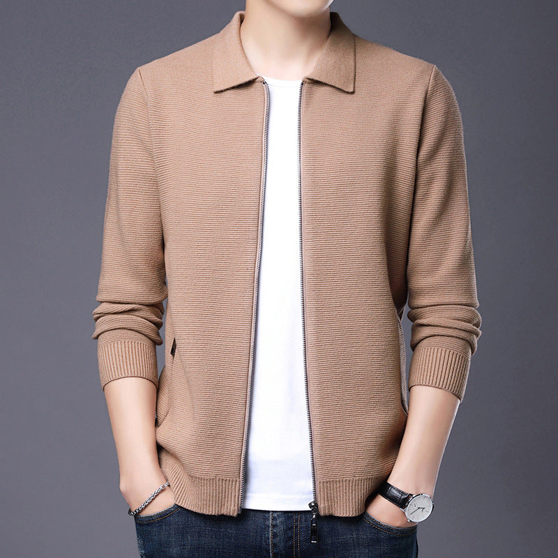 Men's Cardigan – Slim Fit – Wool – Zipper Closure – Classic Collar – Ribbed Edge