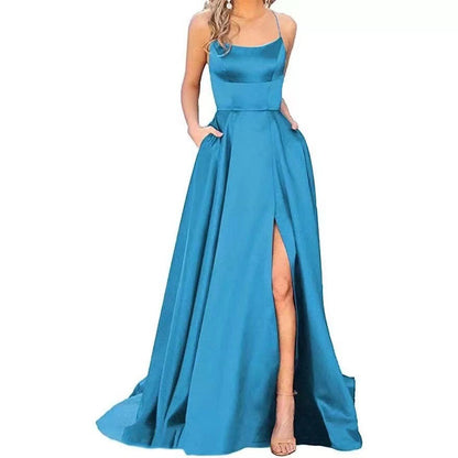 Women's Evening Gown - Sleek A-Line - Spaghetti Straps - Side Slit