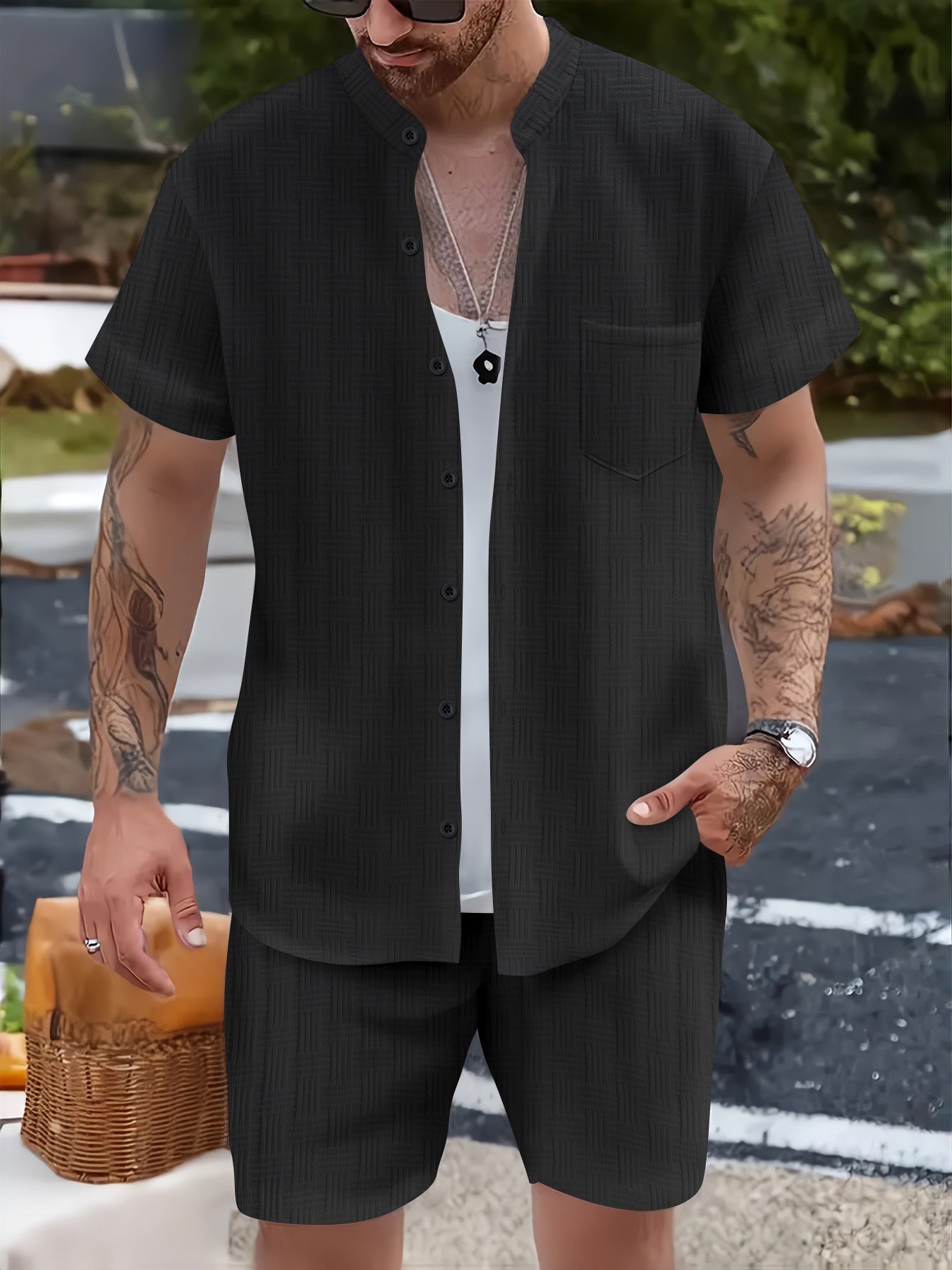 Men's Set – Relaxed Fit – Henley Shirt with Shorts – Breathable Lightweight Design