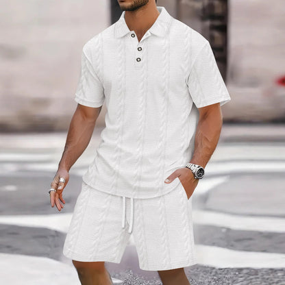 Men's Set with Shirt and Bermuda Shorts – Relaxed Fit – Light Knitted Fabric – Button Closure