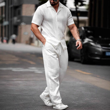 Men's Set with Shirt and Trousers – Cotton/Linen – Regular Fit – Short Sleeves – Drawstring Closure
