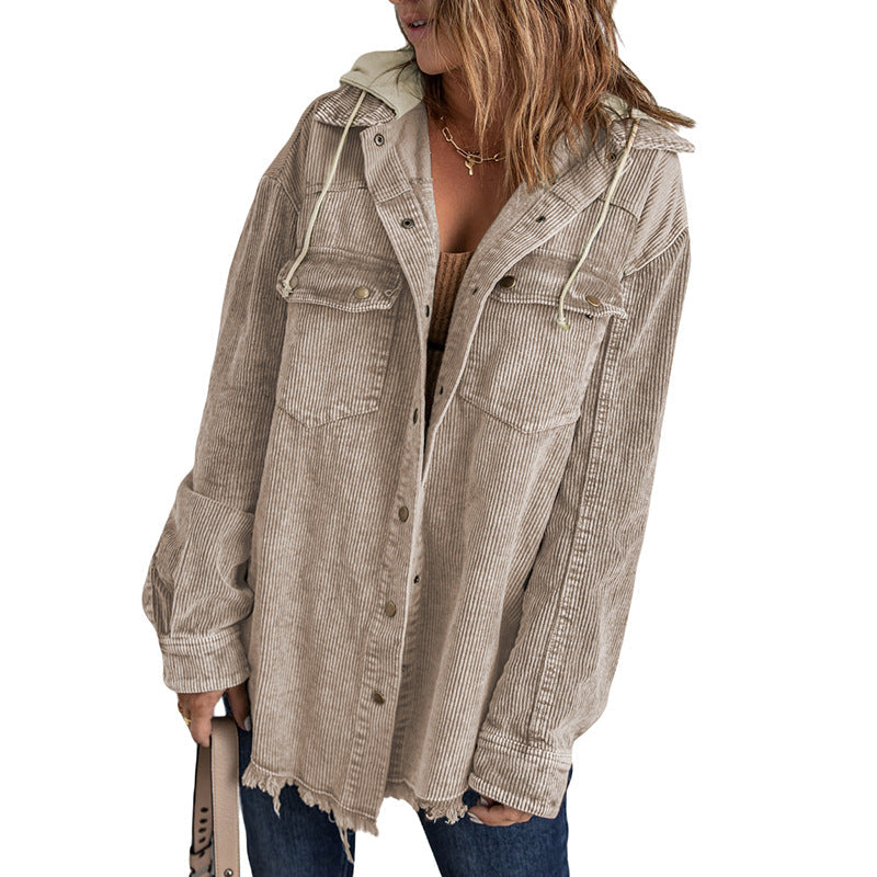 Women's Jacket with Hood – Oversized Fit – Corduroy Texture – Button Closure – Fringed Edge