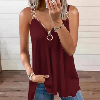 Women’s Sleeveless Blouse – Loose Fit – V-Neck with Ring Zipper – Chain Strap Details