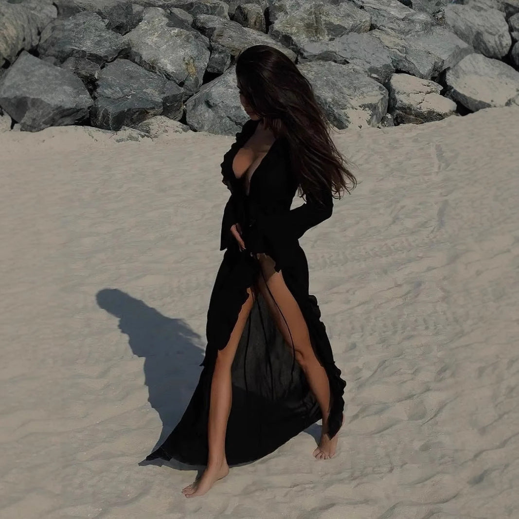 Women's Beach Dress – Long-Sleeved – Light and Breathable – Ruffle Trim and Open Front